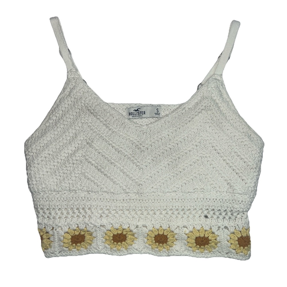 Hollister Y2K Crochet Crop Camisole White Yellow Flowers Fairy Boho Size Small